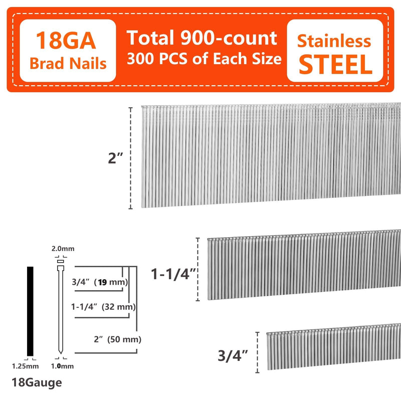 18 Gauge Stainless Steel 304 Brad Nails 900-Pack (3/4", 1-1/4", 2", 300 Pcs of Each Size), Assorted Size Project Pack, for Pneumatic, Electric Brad Nailers assembly 900