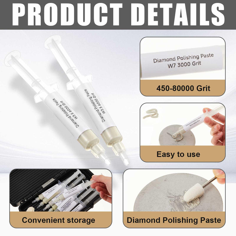 47 Pcs Diamond Paste Polishing Compound Kit, 36 Grinding Buffing Bits and 11 Oil Based Lapping Compound 450-Ultra Fine 80000 Grit with Box for Metal Coin Stone Jewelry Ring Polishing
