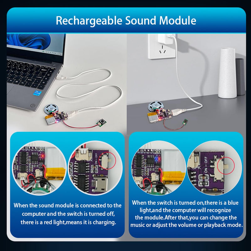 Voice Module,MP3 Music Sound Chips, 16MB Sound Module for Crafts, Christmas, New Year Greeting Cards, Box with Speaker Lithium Battery Powered and USB Cable. (JR-JX7004-Push Button - 2P) JR-JX7004-Push Button - 2P