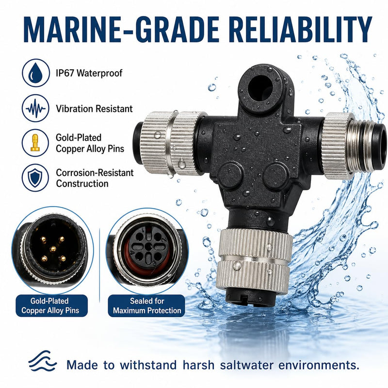 Metal Shielded NMEA 2000 T-Connector (Tee) – Upgraded Heavy Duty Marine Network Splitter with Corrosion-Resistant Brass Nuts, Compatible with Garmin Lowrance Simrad B&G Navico (3-Way) 3 way