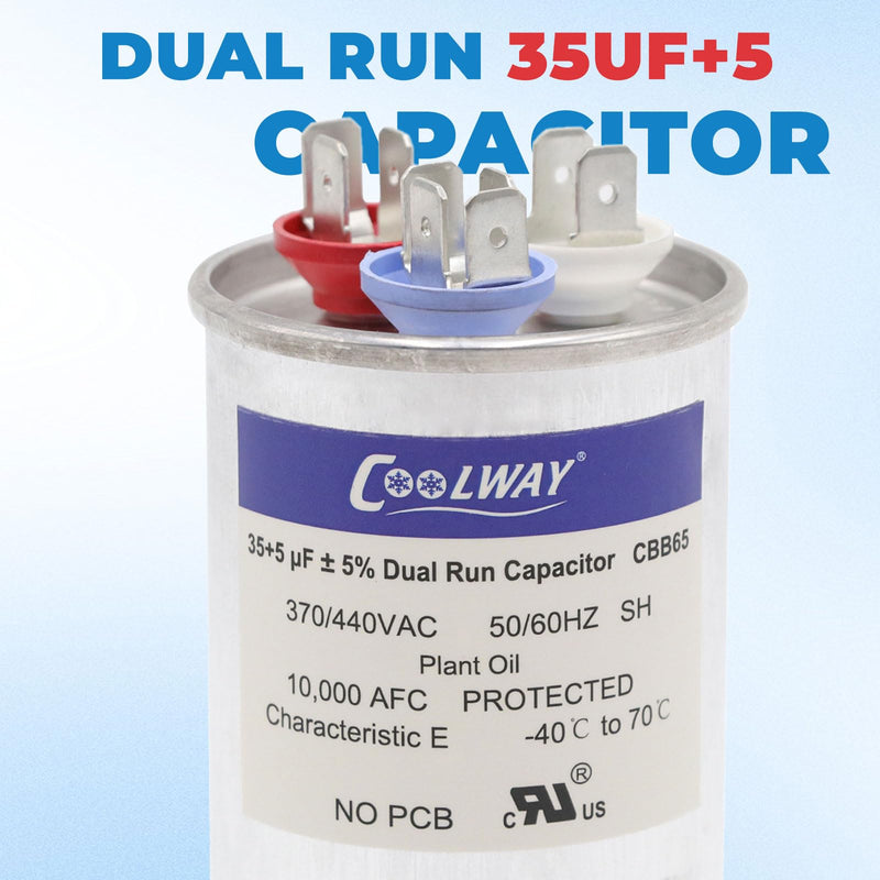 COOLWAY 35/5 uF 35+5 MFD ±5% 370V or 440V Dual Run Start ac Capacitor for ac 35 5 CBB65r CBB65b Capacitor 370 440 Volt vac Air Conditioner Capacitor for Motor Start or Heat Pump, Condenser, Pool Pump 35+5MFD