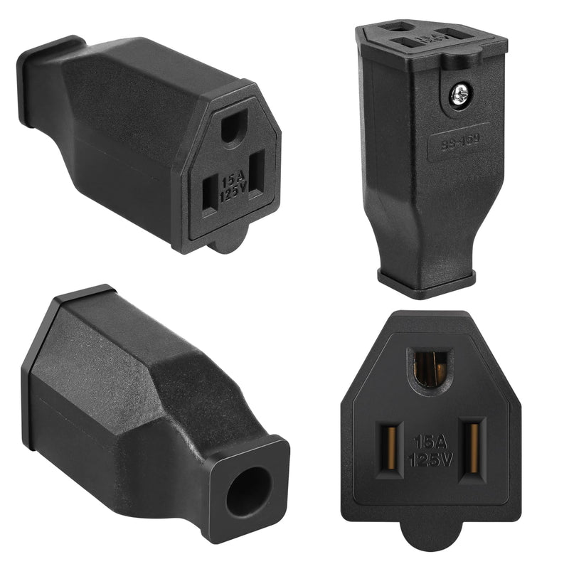 TENINYU 2-Pole, 3 Wire Grounding Plug Female Extension Cord Straight Blade Plug Replacement Electrical Connector End, 15A 125V Black,3Pack (Female)
