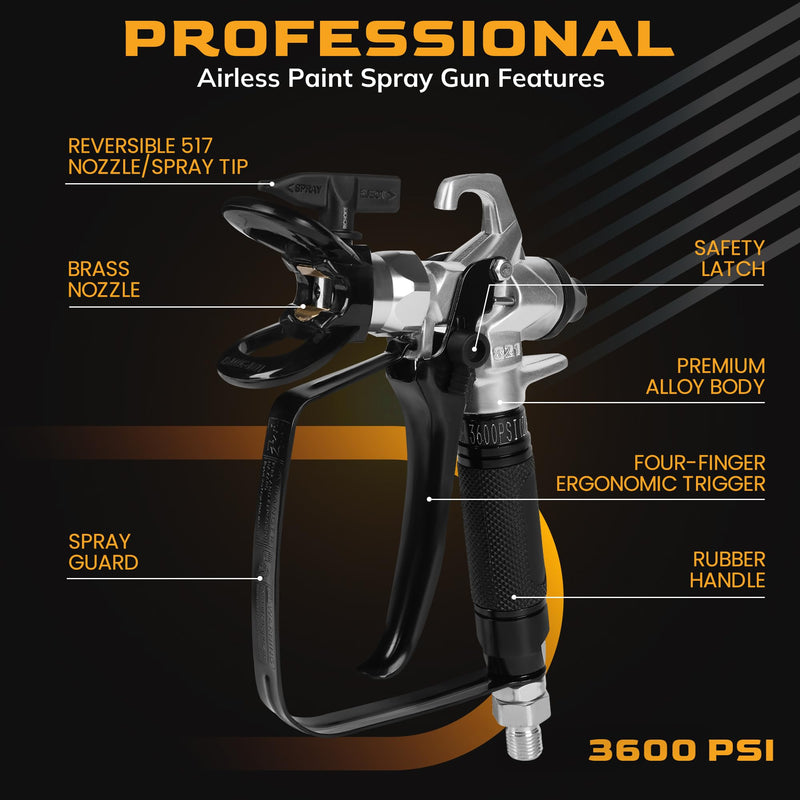 Airless Paint Sprayer Gun Premium Model 821, High Pressure 3600 PSI with 517 Reversible Nozzle Tip, Swivel Joint, Rubber Handle, Ergonomic Trigger, Safety Latch, and Leak Proof Design