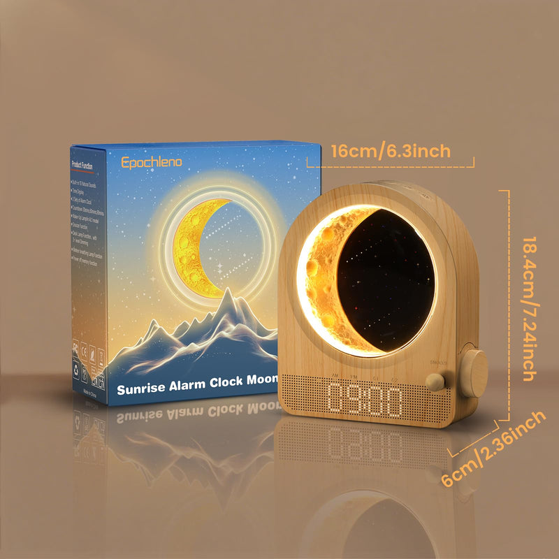 Sunrise Alarm Clock, White Noise Machine & Meteor Moonlight - 10 Soothing Sounds, Dual Alarms, 30/60/90min Timer, Easy Snooze - Bedroom Gift for Insomnia Adults/Women - Wood Grain