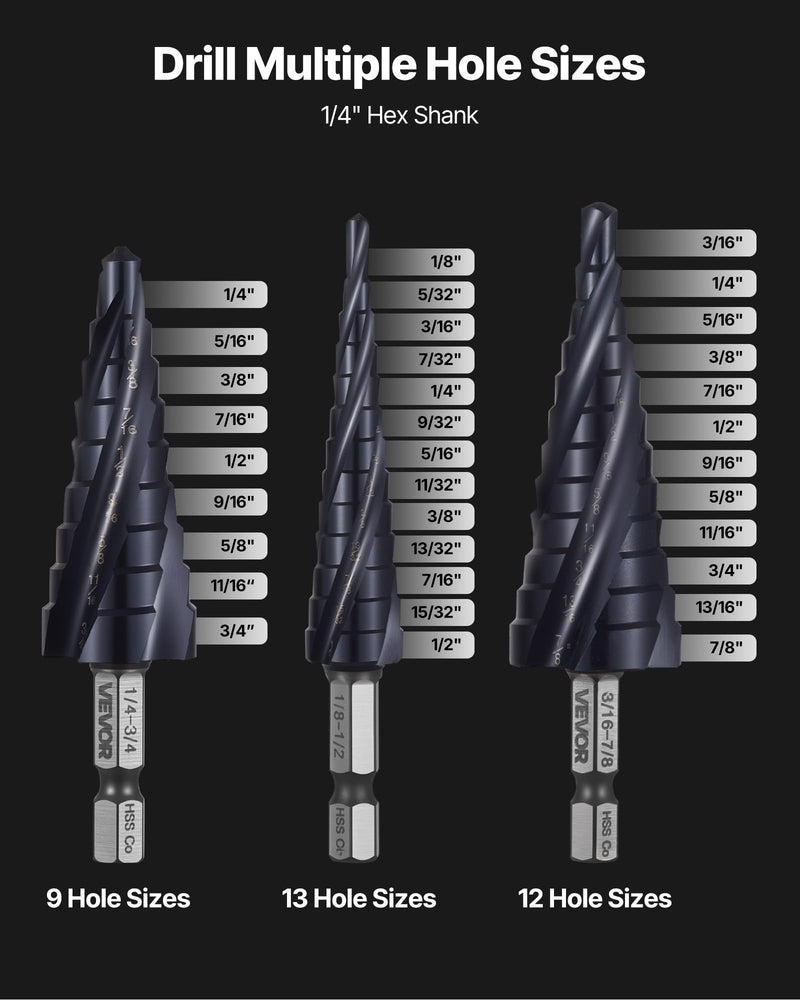 VEVOR Step Drill Bit Set, 1/8-7/8 inch, 3 Pieces Step Drill Bits, 1/4 inch Hex Shank, TiAlN Coating Cobalt HSS High Speed Steel, for Metal, Stainless Steel, Aluminum, Wood, Plastic, Fiberglass 1/8-7/8" (3-Piece Set)