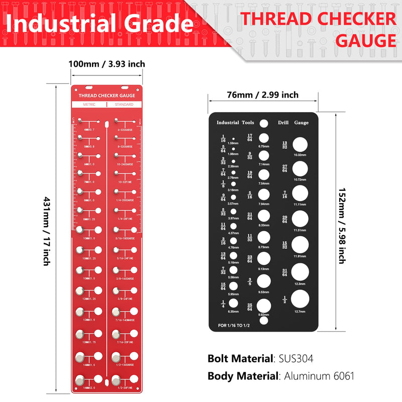 Thread Checker 2 PCS, Nut and Bolt Thread Checker, Aluminum Bolt Size and Thread Gauge, Bolt Size Finder, Wall Mountable or Flat Bolt Thread Identifier with Inch and Centimeter Scale 57 Thread Checker