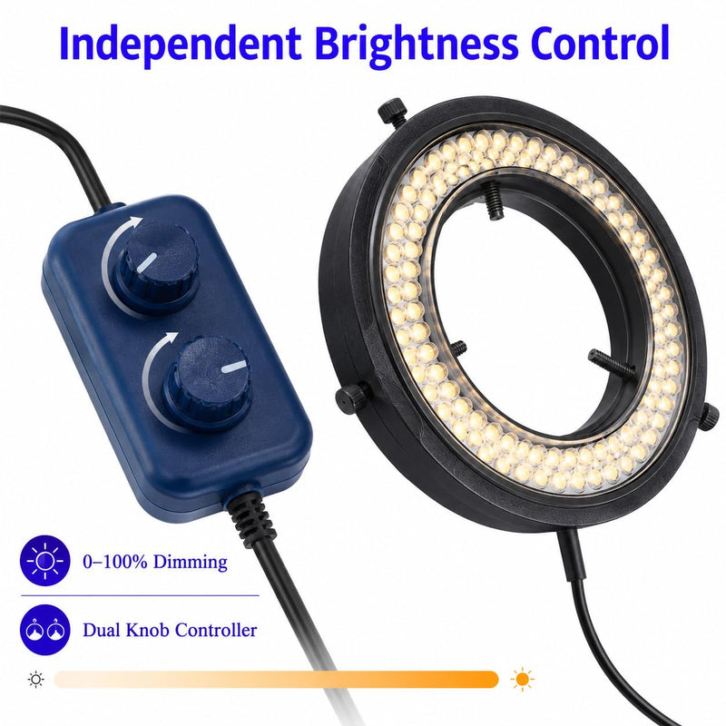 Microscope LED Ring Light Illuminator, USB 5V 144 LED Color Temperature Adjustable, 4 Zone RGB, Focus Lamp Source for Monocular Binocular Trinocular Stereo Microscope Vision Scientific (144 CW WW) 144 LED CW WW