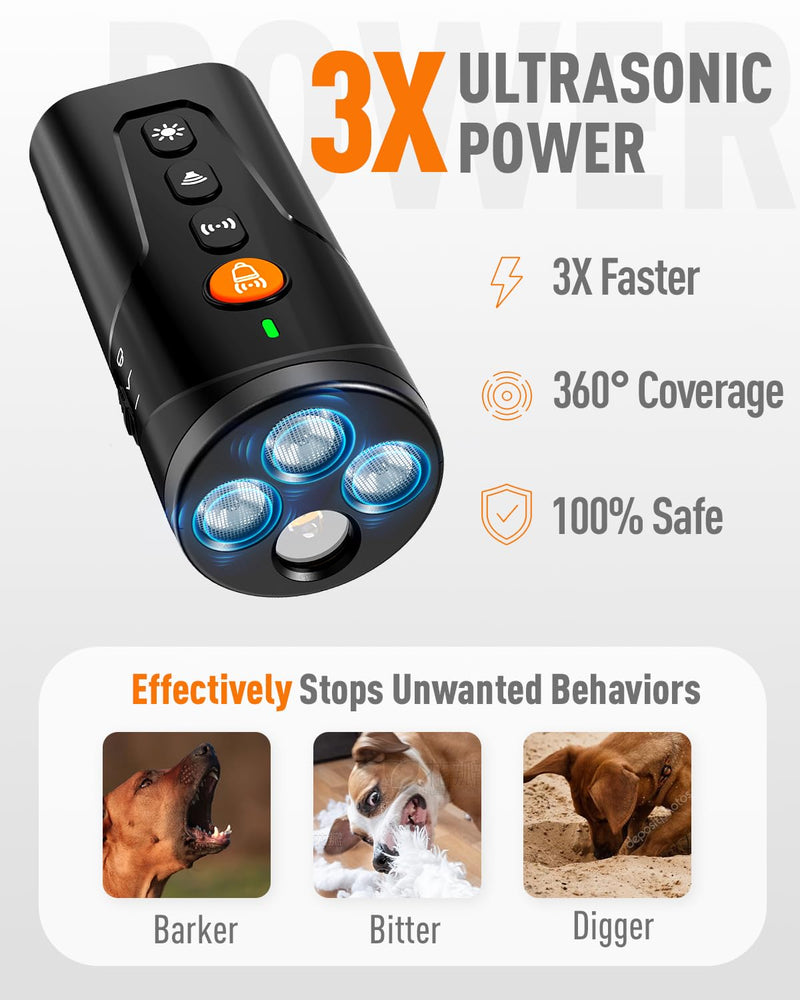 Dog Bark Deterrent Devices, 3X Ultrasonic Anti Barking Device for Dogs, 4 Modes with 3 Emitters and LED Light to Stop Neighbors Dog from Barking, Safe Use Dog Barking Silencer for Indoor Outdoor Black