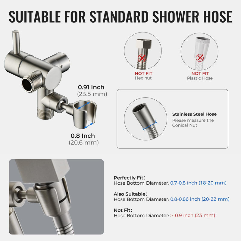 G-Promise All Metal High-Flow Shower Diverter Valve with Holder, 3-Way Splitter with Pause Mode for Handheld and Fixed Shower Head, Bathroom Universal Adapter System Replacement Part (Brushed Nickel) Brushed Nickel