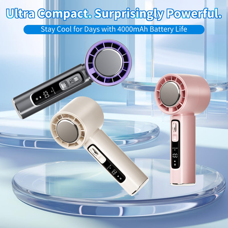 Portable Handheld Fan with Cooling Plate for Ice Therapy, 4000mAh Rechargeable Battery, LCD Display, 100-Speed Scroll – Compact Personal Fan for Travel, Office, Outdoor Use (Black) Black