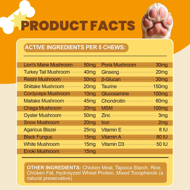 Mushroom Chews for Dogs - Turkey Tail Mushroom for Dogs Lumps & Bumps - Gut, Hip, Joint, Skin, Coat, Immune Health - 14 Organic Mushrooms Turkey Tail, Reishi, Lions Mane, Glucosamine, MSM - 160 Chews