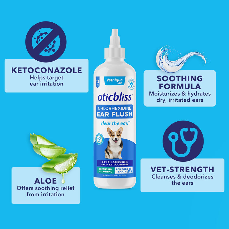 VETNIQUE LABS Oticbliss Chlorhexidine Ear Flush and Oticbliss Advanced Cleaning Ear Wipes Ear Care Products Bundle for Dogs & Cats, Cleansing Ear Flush & Drying Ear Wipes for Itchy Ears - PawsPlanet Australia