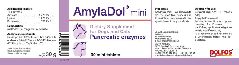 AmylaDol 90 mini tablets Pancreatic/Digestive Enzymes For Cats & Small Dog Breeds - PawsPlanet Australia