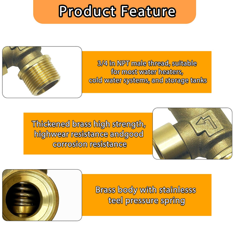 Upgraded 3/4" T&P Pressure Relief Valve with 3/4 NPT Thread for Hot Water Heater- 30 PSI ，Pressure Relief Valve for Boiler Water Heater&Cold Water Systems& Water storage Tanks 3/4"with 30PSI