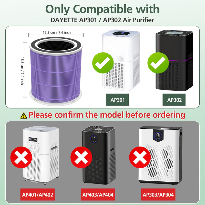 AP301 AP302 HEPA Filter Replacement, for Dayette AP301 AP302 Air Purifier Purple *2pcs