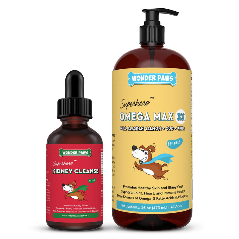 WONDER PAWS Kidney Cleanse Drops Plus Omega Max Fish Oil - for Dog's Skin and Joint Care, Kidney Health & Immune Support – Kidney Cleanse 2 Ounces - Omega Max 16 Ounces