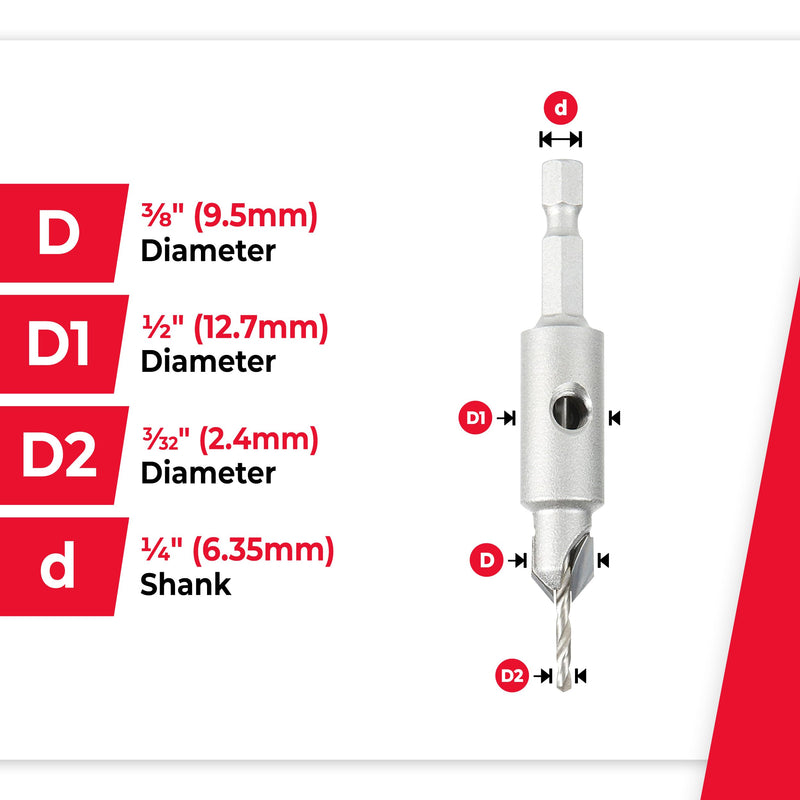 Amana Tool Carbide Tipped 82 Degree Countersink Drill Bit, 55271, 3/8 Dia x 3/32 Drill D x 1/4 Inch Quick Release Hex Shank for Tool 55225