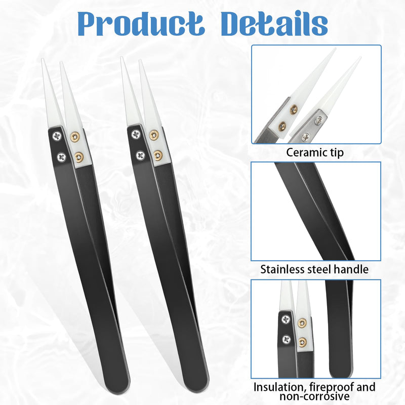2pcs Ceramic Tweezers Stainless Steel Ceramic Precision Tweezers for Electronics, Non-Conductive Anti Static High Temperature Resistant Fine Point Tweezers for Precision Electrical Operation Black