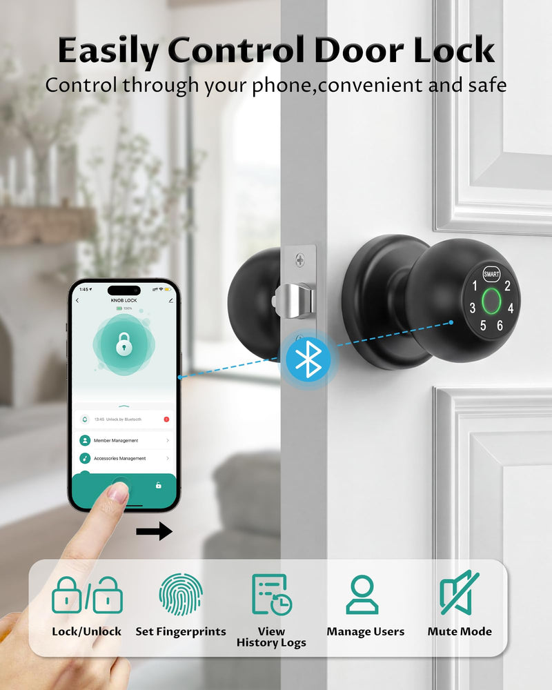 Smart Door Knob Fingerprint Door Lock with Keypad, Biometric Door Knob with APP, Keyless Entry Door Lock with Handle for Home Office Apartment Hotel Garage (Black)