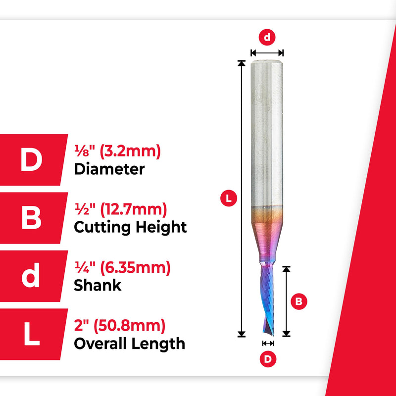 Amana Tool Spektra Coated Solid Carbide CNC Spiral Single O-Flute Router Bit for Plastic Down-Cut, 51511-K, 1/8 D x 1/2 CH x 1/4 SHK x 2 Inch L