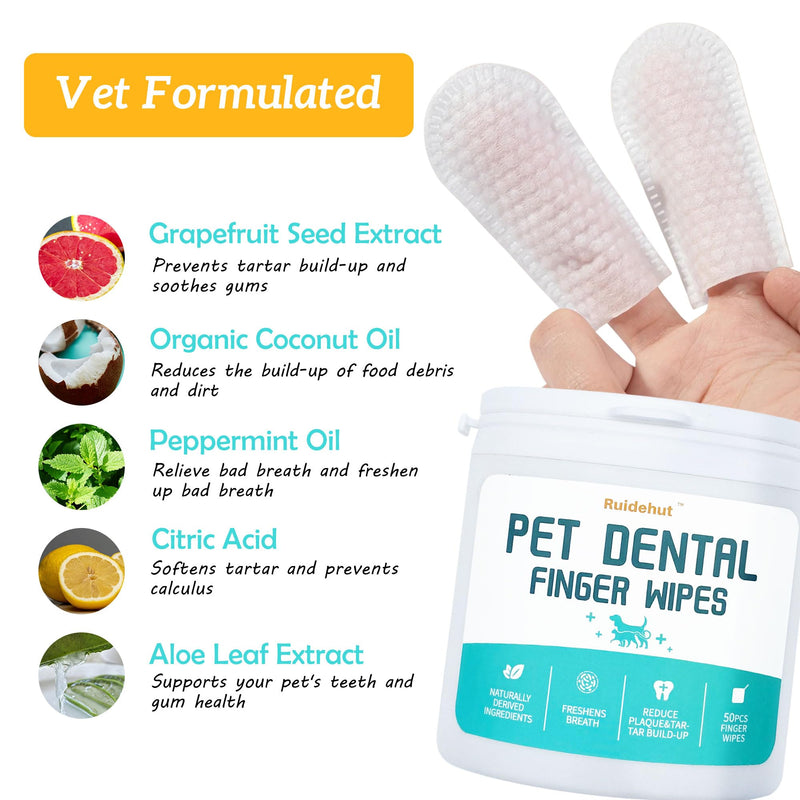 Pet Dental Finger Wipes, Dog & Cat Teeth Cleaning, Plaque Control & Breath Freshening, Regular Size, Suitable for Pet Toothbrushes (50 Count)