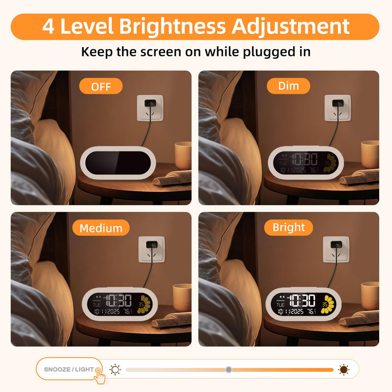 DOOMAY Digital Alarm Clock for Bedroom: Dual Alarm Bedside Clock VA LCD Display with Seconds, 9-Minute Snooze and Weekend Mode, 3 Brightness, 4 Alarms and 3 Volume Levels，Type C & Battery Included White