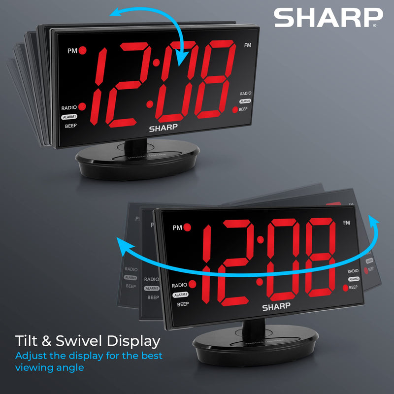 Sharp Digital Alarm Clock, 8.9" Extra Large LED Clock with Tilt and Swivel Display, AccuSet Automatically Sets The Time, Dual USB Charger Ports, FM Radio, 3 Level Adjustable Dimmer Brightness