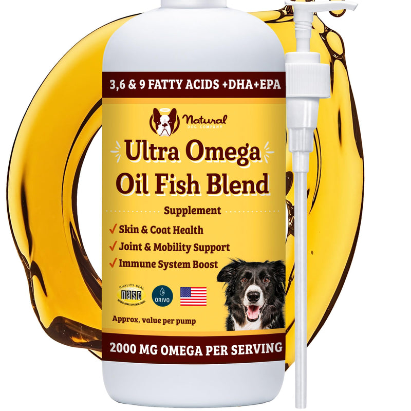 Natural Dog Company Ultra Omega Oil for Dogs a 2000 MG Omega 3, 6, 9 with Salmon, Pollock & Flaxseed Oil, EPA & DHA, Dog Supplement for Skin, Coat, Joints, Allergy & Itch Relief, Dog Fish Oil 16oz 16 Fl oz - Oil