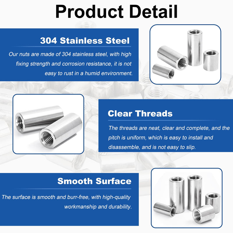 MroMax 10Pcs M4 Round Connector Nuts, 304 Stainless Steel Rod Coupling Nuts 10mm/0.39" Length Female Thread for Camera Pan, Lamp Bracket, Glass Folding Dining Table Silver M4 x 10mm x Φ8 10