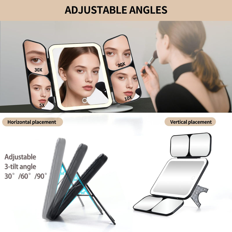 5-in-1 Led Vanity Makeup Mirror,1X Full Face & 5x/10x/20x/30x Times Magnification for Close-up Makeup, Compact Travel Magnifying Mirror with Light, Trifold Mirrors with Stand (Cool Black) Cool Black