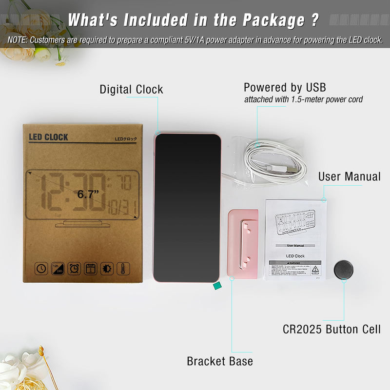 KOSUMOSU Clock for Bedroom, 6.7in Digital Alarm Clock, Auto Dimming, Room Temperature, Day of The Week, Seconds, Date, Alarm Clocks for Bedrooms, Digital Clocks for Living Room Pink (White + Blue Digits)