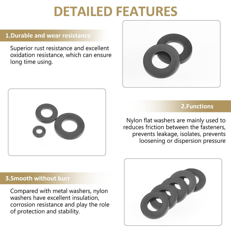 620 Pieces Nylon Flat Washers, Kindroufly 8 Sizes Plastic Washers, Black Nylon Washers Assortment Kit (M2 M2.5 M3 M4 M5 M6 M8 M10)
