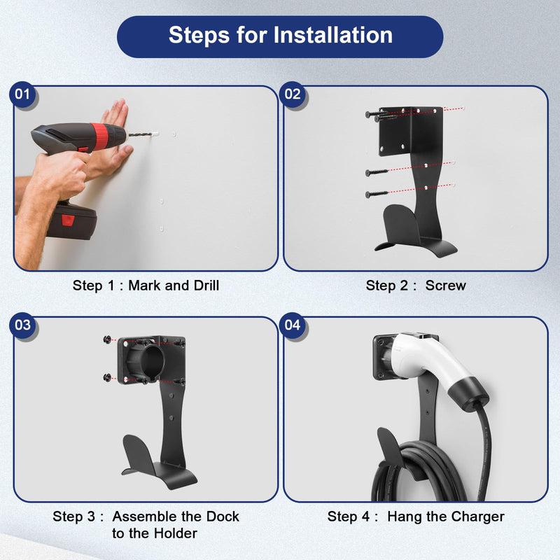 EV Charger Holder Cable Organizer Wall-Aligned Mount J1772 Holder, Space-Saving, No Cable Cutting, Electric Car Charger Cord Holder & Plug Holster Dock for J1772 Connector Charger Cable Holder