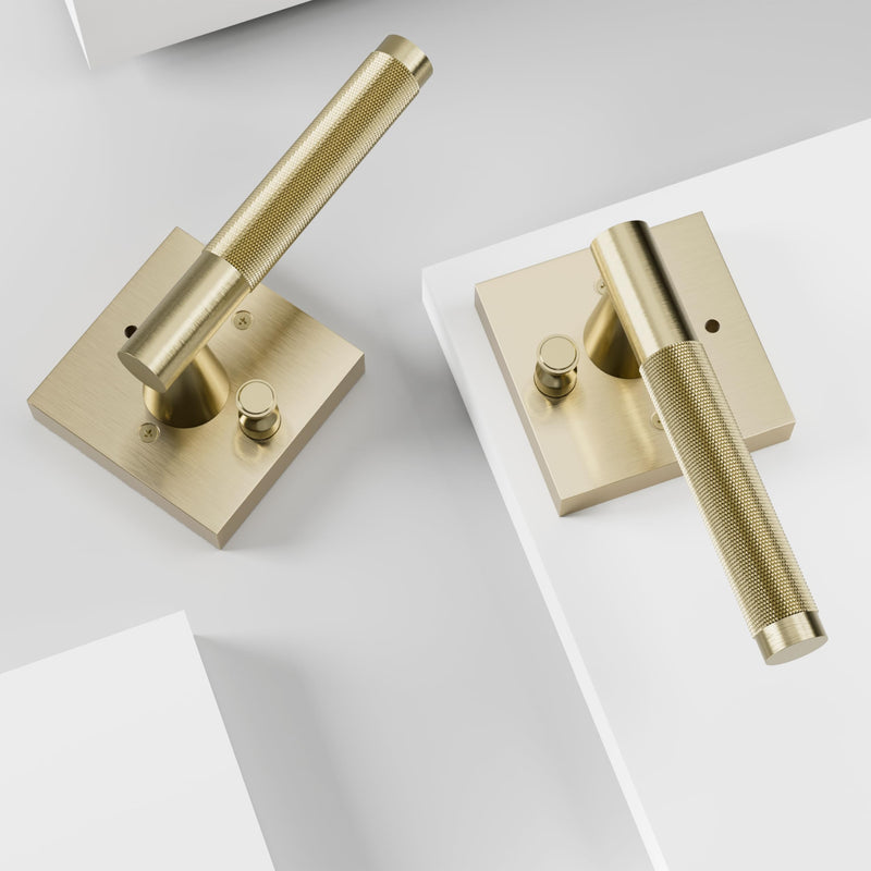 Premium Polished Satin Brass Door Handles for 1 3/8" - 2" Compatible Doors – Soft Gold Handles Interior with Lock - Easy Installation, Reversible, Button Lock (Privacy Lock)- Designed by Architects Privacy (Locking)