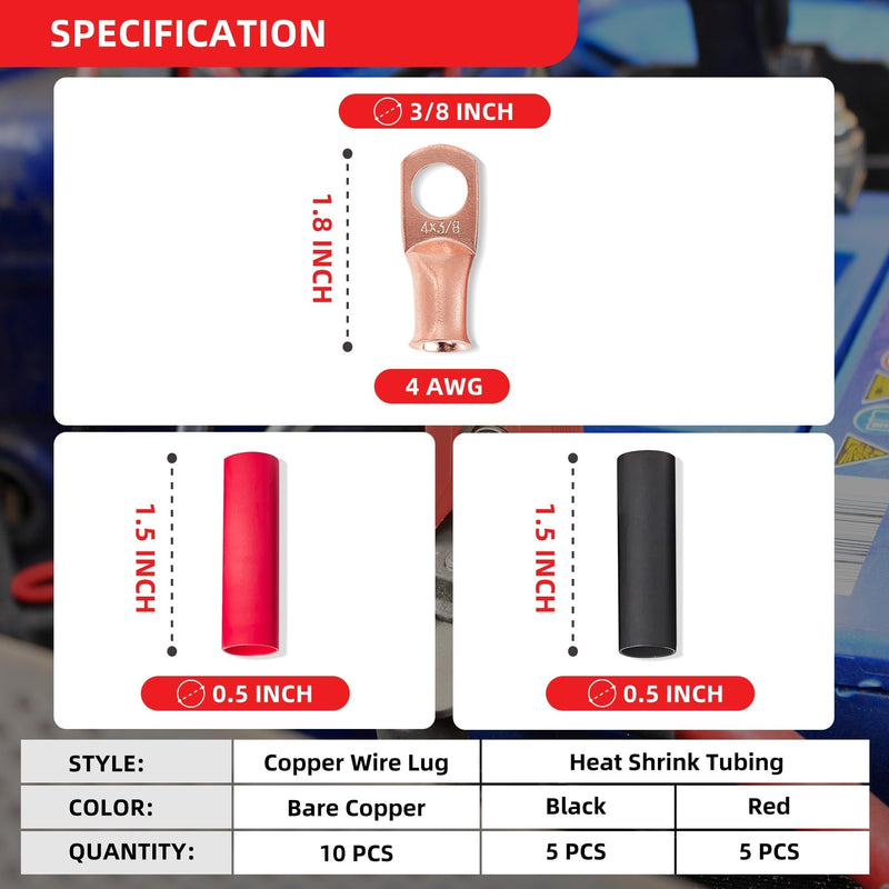 RED WOLF Ring Wire Terminals Copper 4 AWG 3/8" Stud Battery Cable Lugs Copper Connector 10PCS, W/3:1 Heat Shrink Tubing Marine Grade for Electrical Automotive Cable Wire Wrap Connection
