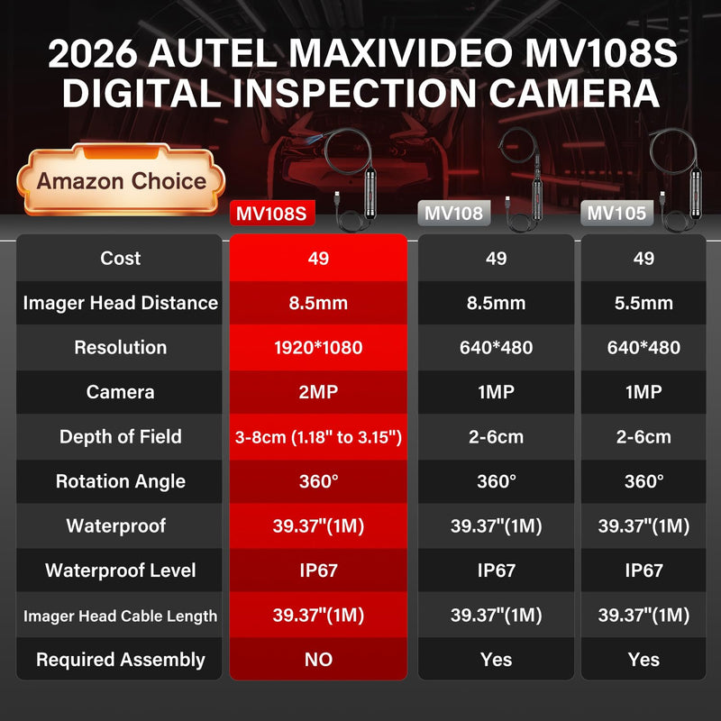 Autel MaxiVideo MV108S Digital Inspection Camera, 2MP 1920x1080, 8.5mm Ultra-Slim USB Industrial Endoscope, IP67 Borescope Snake Camera+ LED Light, Work w/Autel Scanner & P-C, up of MV108 MV105S MV105