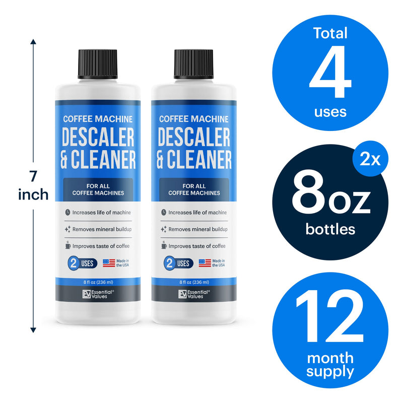 Essential Values Universal Descaling Solution for Keurig Breville Nespresso & Delonghi (4 Uses) | Coffee Machine Descaler Cleaner | Liquid To Descale Automatic Coffee Makers & Espresso Machines 8 Fl Oz (Pack of 2)