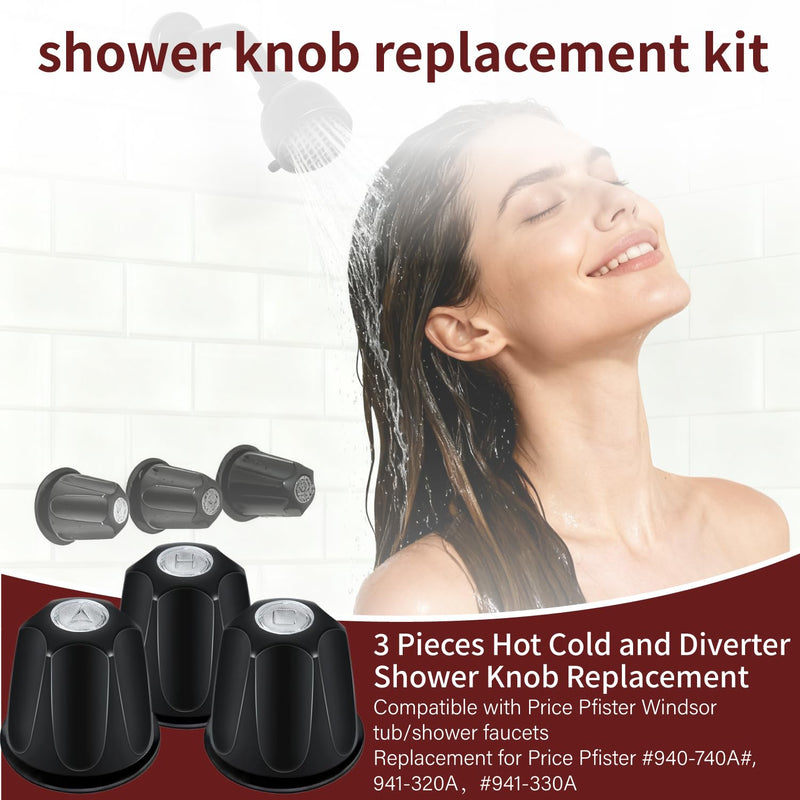 Black Shower Knob Replacement Kit,Shower Knobs Include Base Connectors Screws,Bathtub Faucet Handle Remodel Trim Kit,Compatible with Pfister Verve Tub Shower Knob Replacement,Shower Faucet Handle Shower Knobs Set-001