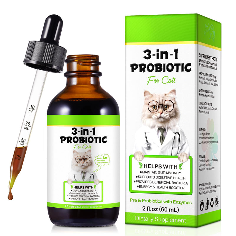 Probiotics for Cats, Cat Probiotic with Prebiotic and Enzymes, 3 in 1 Cat Probiotic Drops, Cats Probiotics Supplement Help Digestive Support Gut Health 1 Pack
