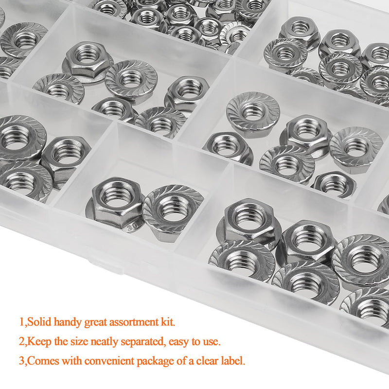 104 Pieces 5 Sizes Flange Nuts, Serrated Flange Hex Lock Nuts Assortment Kit, 304 Stainless Steel (#6-32#8-32#10-24 1/4"-20 5/16"-18) 104 Pieces 5 Sizes