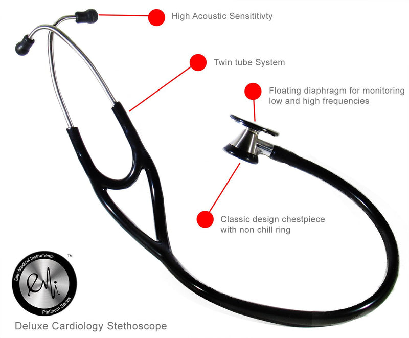 EMI Platinum Series Deluxe Black Cardiology Stethoscope - High Acoustic Sensitivity with Pressure-Sensitive Diaphragm ESC-333 - Perfect for Medical Professionals, Doctors, EMTs, Nurses, and Students