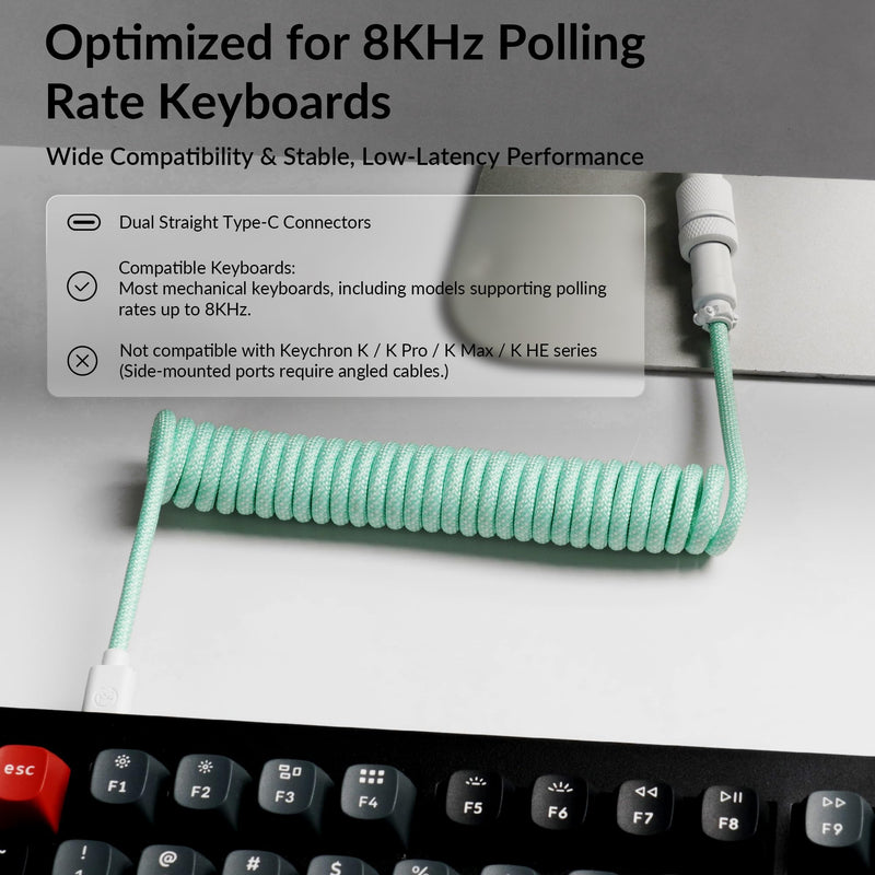 Keychron 8KHz Coiled USB-C Cable for Mechanical Keyboards, GX12 5-Pin Detachable Aviator Connector, USB-A Adapter, 176 cm / 5.77 ft Braided Cable, Charging & Data Transfer, Mint Straight Connector