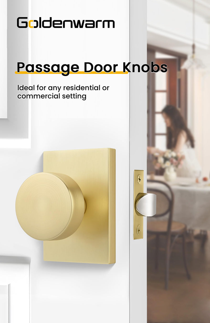 Goldenwarm Gold Closet Door Knob, Heavy Duty Brushed Gold Passage Door Knobs for for Hallway, Closet, Round Interior Door Knob, Zinc-Alloy Rectangle Rosette Indoor Doorknob (1 Pack)