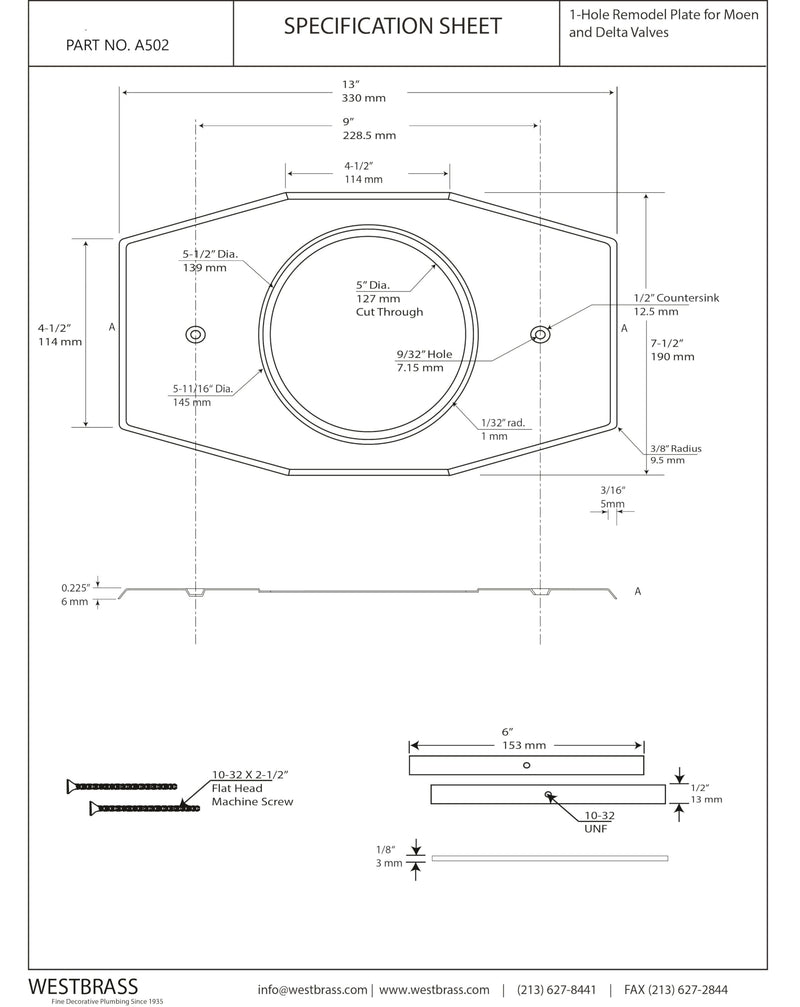 Westbrass A502-50 One-Hole Remodel Cover Plate for Moen and Delta Single Handle Bathtub and Shower Valves, 13" x 7-1/2", Powder Coat White