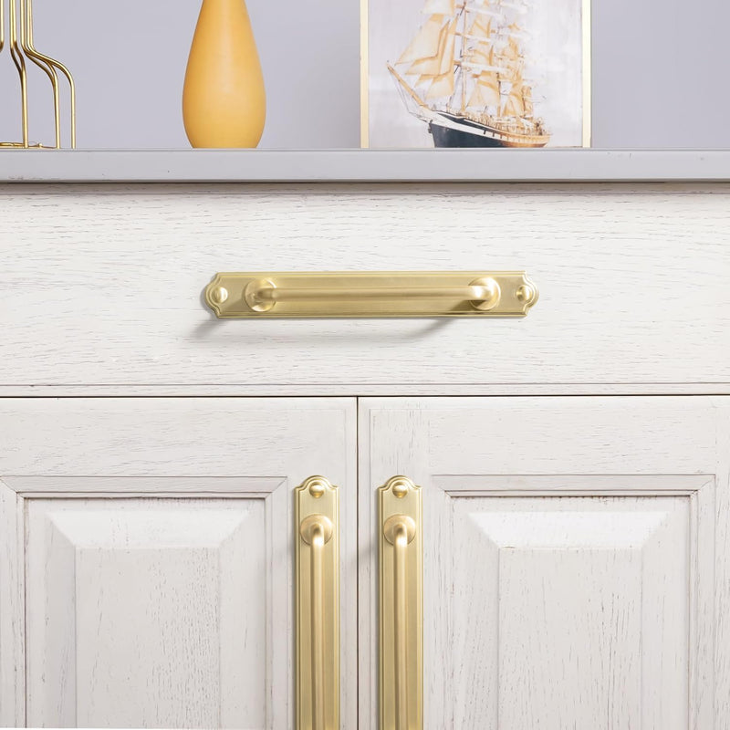 Goo-Ki 5.04" c-c Cabinet Handles Brushed Brass Solid Zinc Alloy Drawer Pulls with Plate - 2 Pack Bar Cabinet Pulls Kitchen Hardware Dresser Handles with Spacer 5.04"(128mm) Center to Center