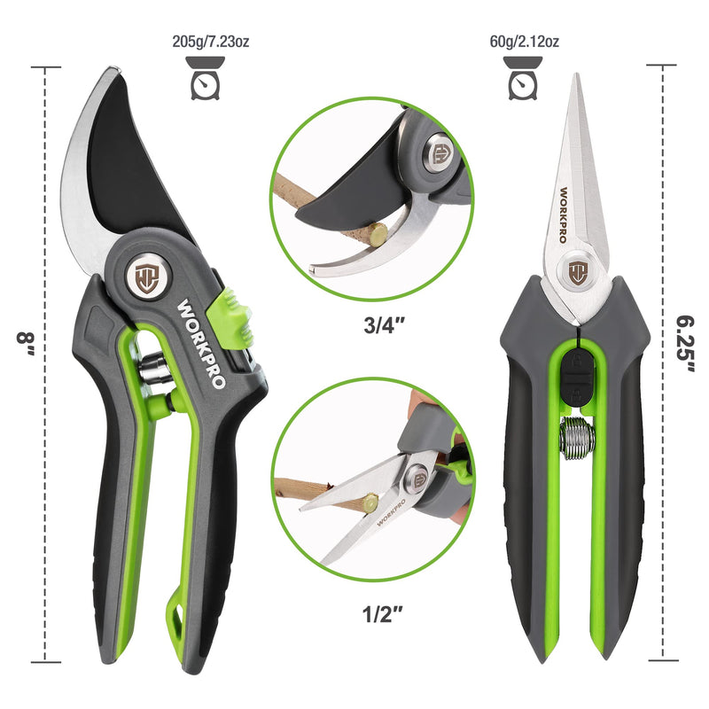 WORKPRO Garden Pruning Shears 2 Pack, 8" Bypass Pruning Shears and 6.25" Straight Garden Scissors, Premium Plant Shears, Garden Clippers Hand Tools for Cutting Flowers, Trimming Plants, Picking Fruits 2PCS Pruning Shears