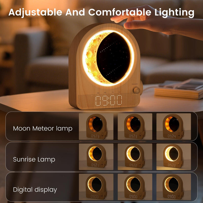 Sunrise Alarm Clock, White Noise Machine & Meteor Moonlight - 10 Soothing Sounds, Dual Alarms, 30/60/90min Timer, Easy Snooze - Bedroom Gift for Insomnia Adults/Women - Wood Grain