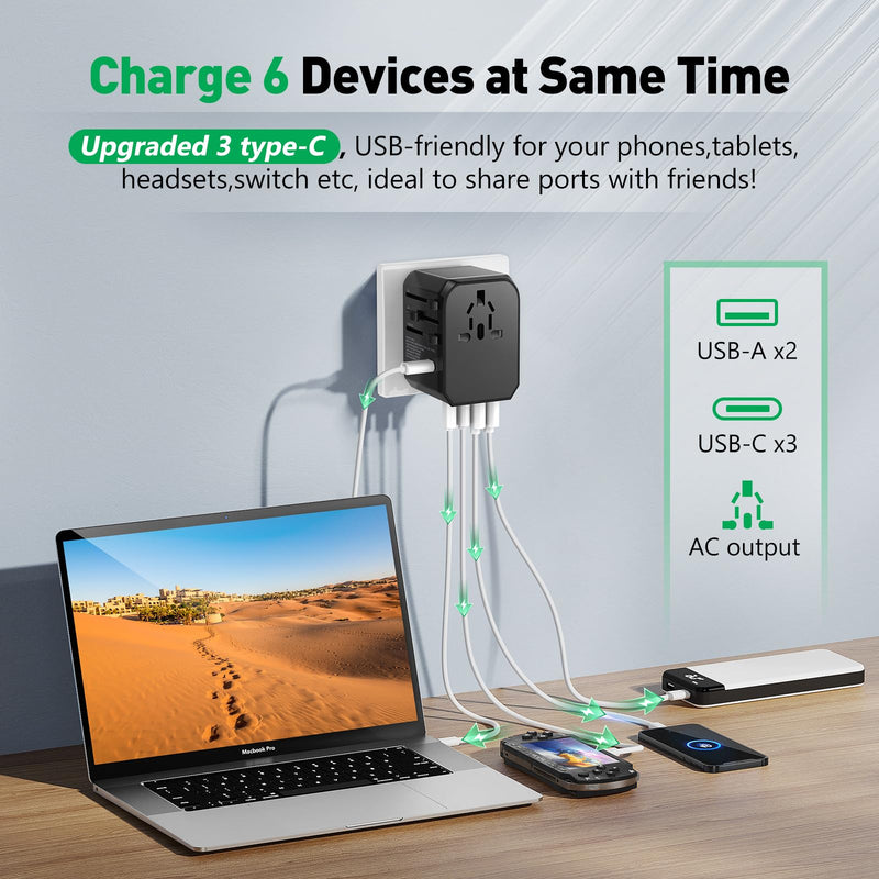 Universal Travel Adapter International Plug - European Travel Plug Adapter Worldwide US AUS EU UK Spain Germany Ireland Italy - All-in-one Travel Outlet Power Adapter with 3 USB C 2 USB A