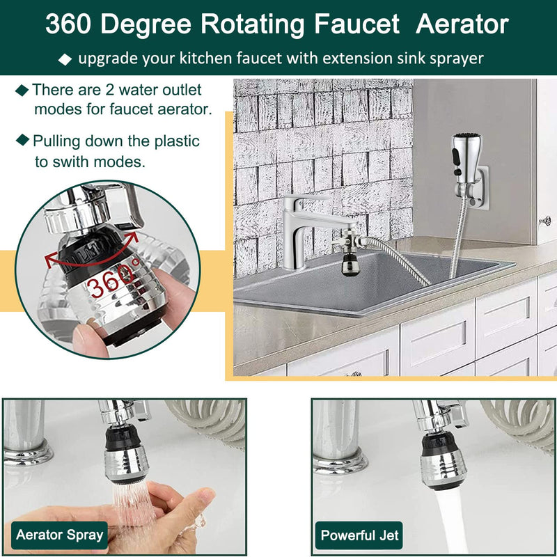 Kitchen Faucet Sink Sprayer Attachment Set,3 Modes Sink Sprayer Replacement Head with Stainless Steel Hose,Faucet Aerator and Brass Diverter Valve (5 pcs Adapter) for Washing Fruit,Dishes and Hair1 With Silver Hose