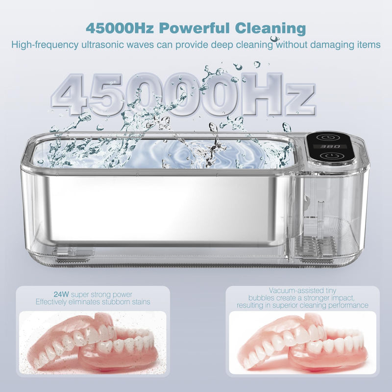 Ultrasonic Retainer Cleaner Jewelry Rings Dentures 23oz (680ML) 360° Deep Cleaning 45KHz Professional Lab Ultrasonic Glasses Cleaner with 5 Digital Timer and Watches Stand Sonic Cleaner Machine 680ML